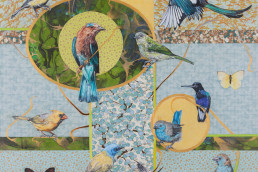 birds, butterfly, flower-pattern, japanese-paer, oil, mixed-media, painting-for-sale