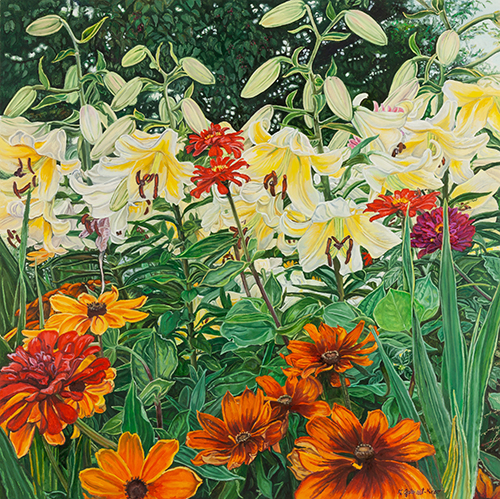 sunburst, original painting, flowers